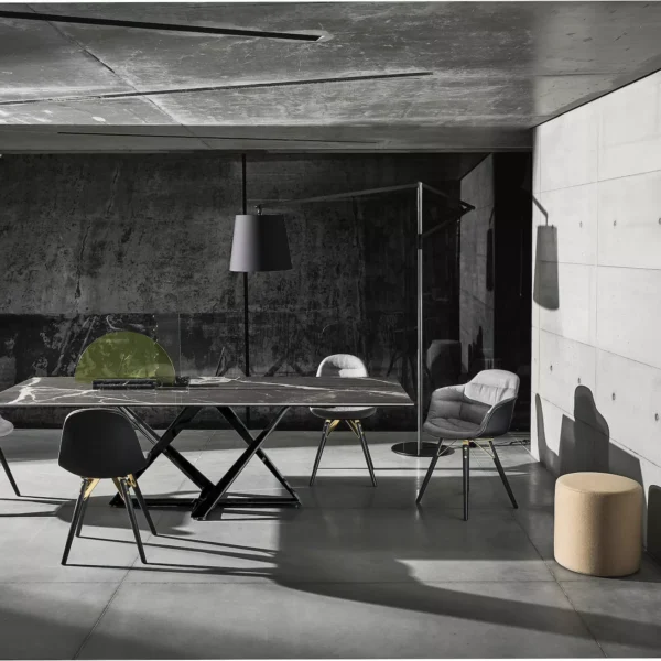 Mood Footstool Lined by Bontempi in Royal Oak, MI featuring a lacquered metal frame with triangular legs and a polypropylene shell upholstered in premium Kvadrat Coda fabric.