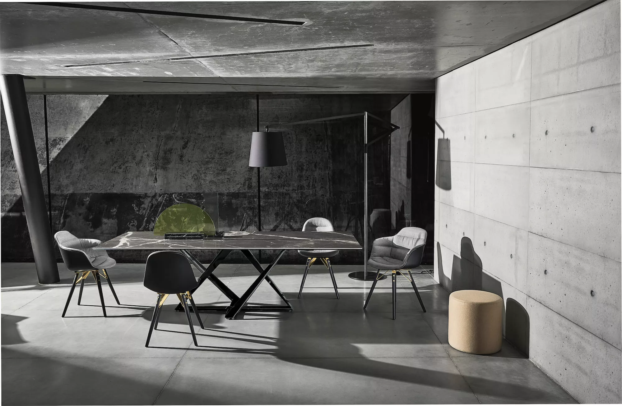 Mood Footstool Lined by Bontempi in Royal Oak, MI featuring a lacquered metal frame with triangular legs and a polypropylene shell upholstered in premium Kvadrat Coda fabric.