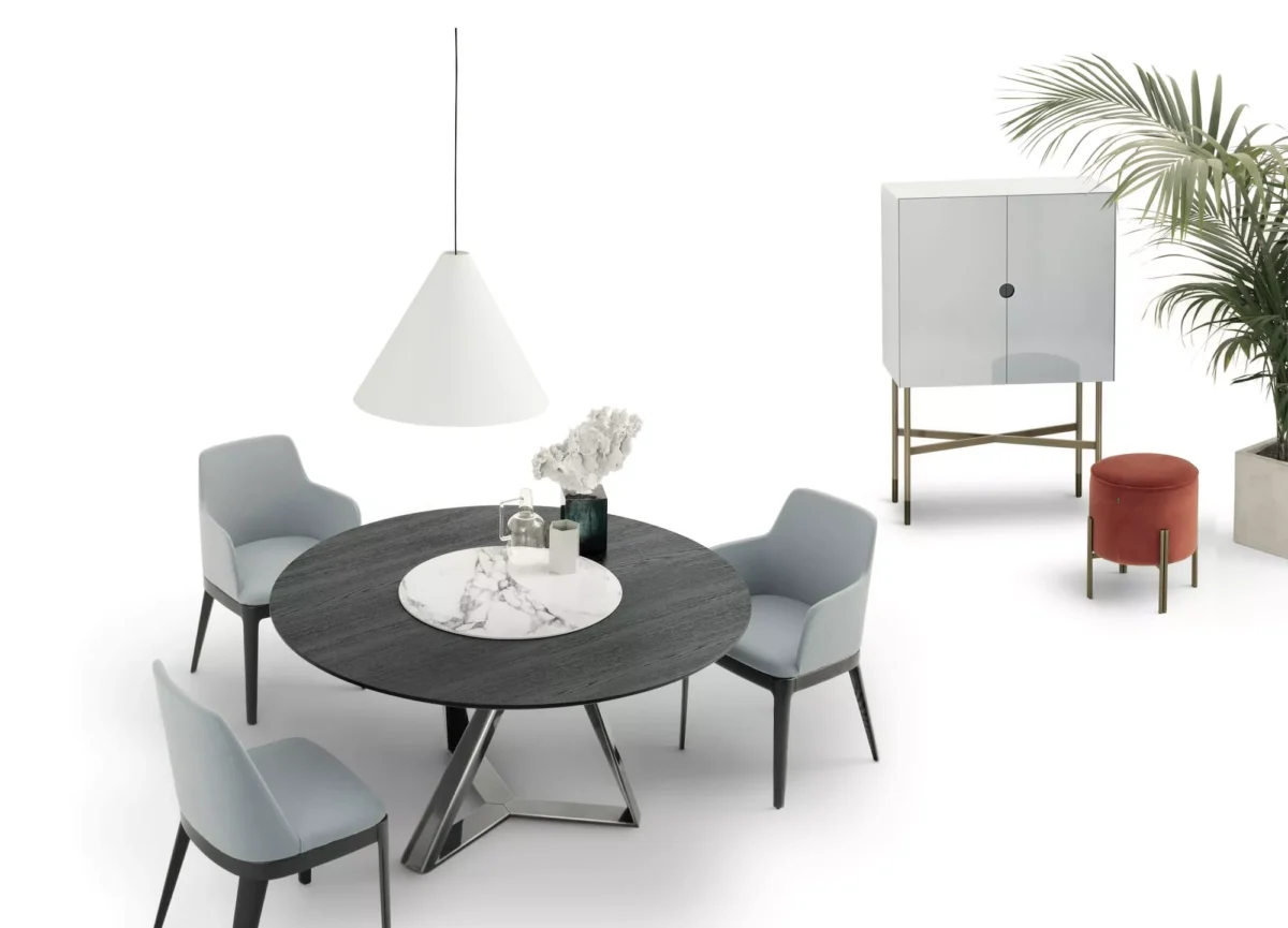 Contemporary Millennium Round table by Bontempi featuring anthracite velvet‑matt glass surface atop intersecting metal legs.