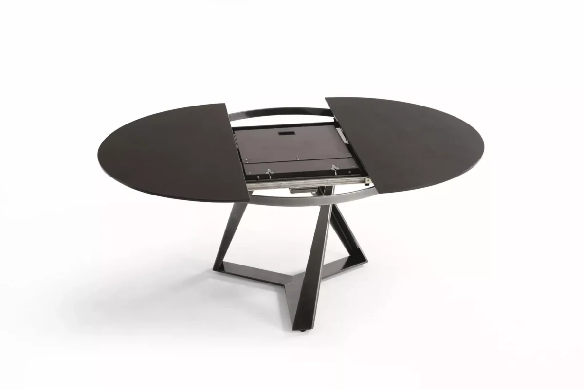 Elegant Millennium Round Bontempi table with glossy SuperMarble Arabescato top and matt black lacquered steel base.