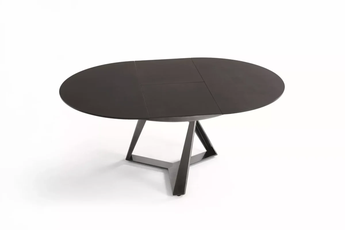 Millennium Round extendable by Bontempi – opened to Ø175 cm with glossy anthracite glass top and black steel structure.