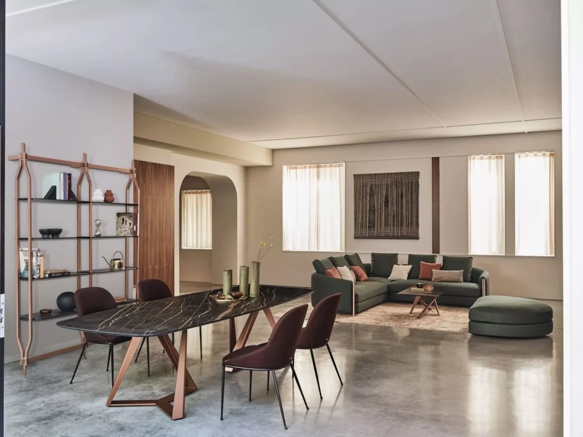 Millennium XXL by Bontempi – 300×120 cm fixed rectangular table with walnut veneer top and crossed lacquered-anthracite metal twin bases.