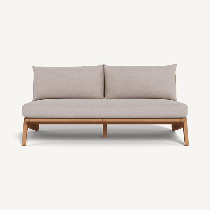 “Front view of Harbour MLB armless teak sofa – contemporary patio seating for two”