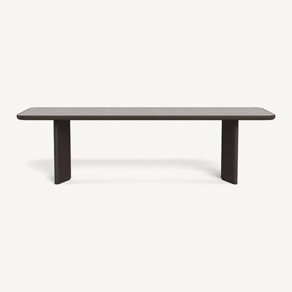 “Moab 107-inch rectangle dining table by Harbour – solid travertine-inspired top with sculptural pedestal base”