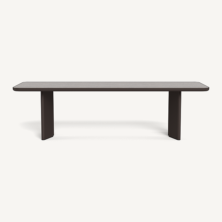 “Moab 107-inch rectangle dining table by Harbour – solid travertine-inspired top with sculptural pedestal base”
