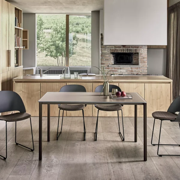 Square indoor Moon Low table (80 × 80 cm) featuring anthracite velvet matt glass and black metal legs.