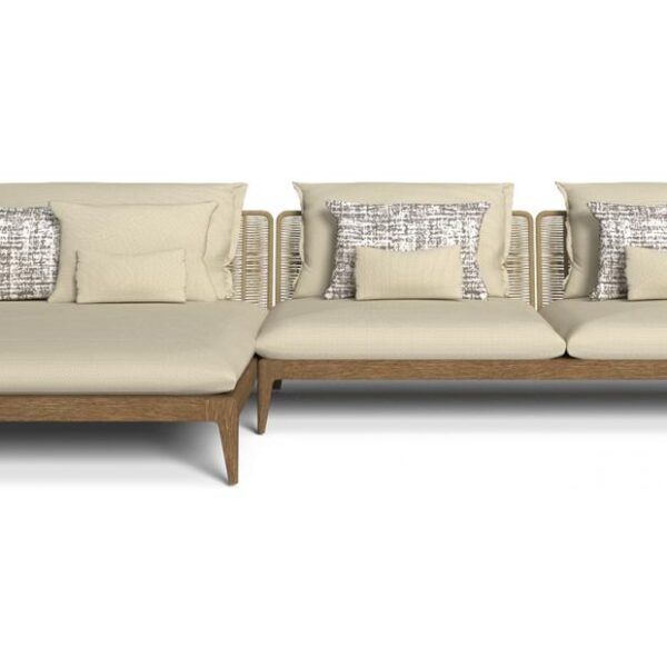"Contemporary Cruise//Teak Modular Sofa by TalentiSpa with natural wood detail and soft outdoor fabric."