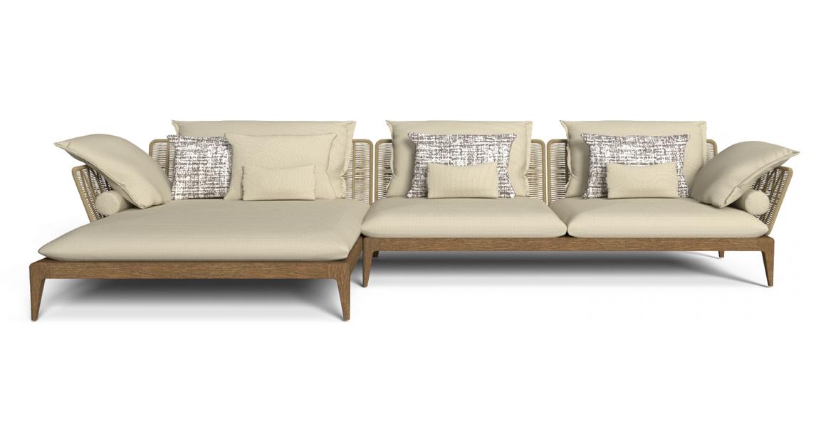 "Contemporary Cruise//Teak Modular Sofa by TalentiSpa with natural wood detail and soft outdoor fabric."