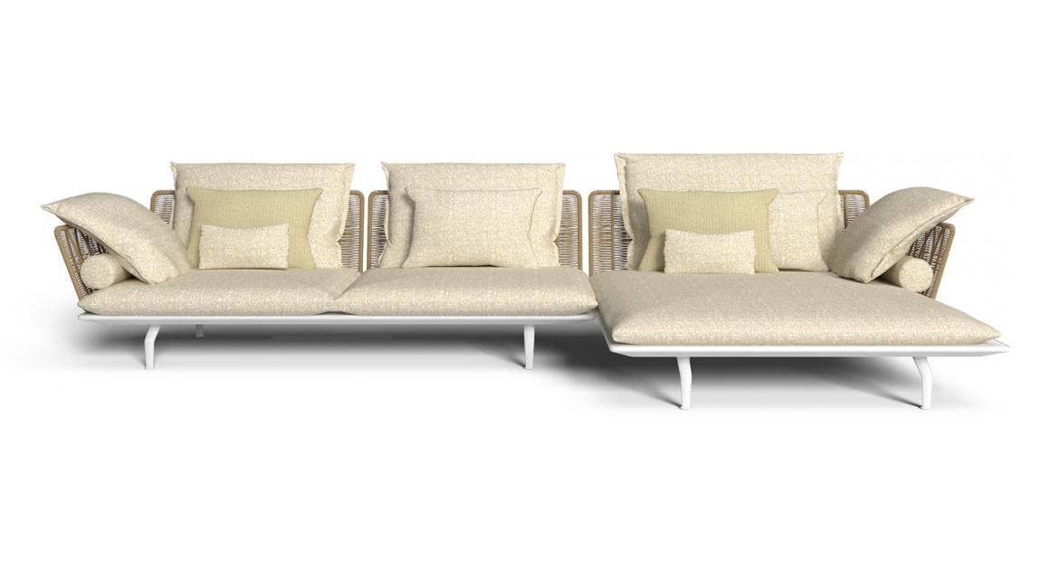 "TalentiSpa’s Cruise//Alu Sofa featuring a modern aluminum structure and modular versatility for outdoor living."