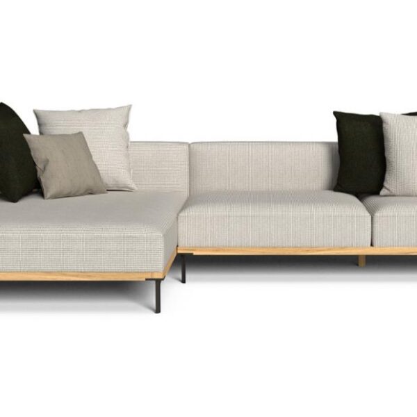 "Natural wood CleoSoft//Wood Modular Sofa by TalentiSpa blending soft fabrics and elegant design."