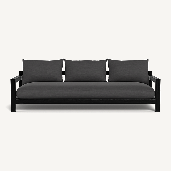 “Pacific Teak 3 Seat Sofa by Harbour – modern outdoor three-seater with solid teak frame and deep performance cushions”