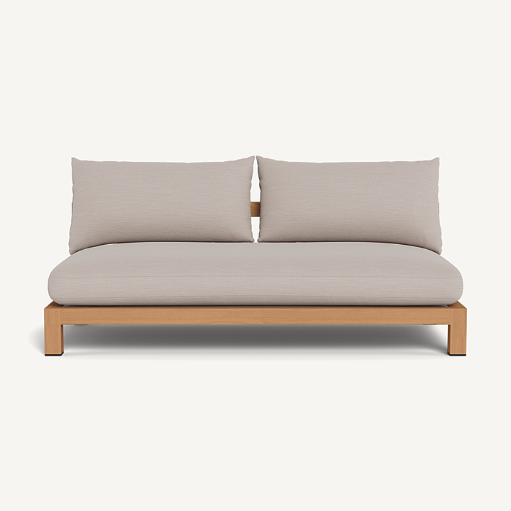 “Pacific Teak 2 Seat Armless Sofa by Harbour – modern outdoor teak loveseat with minimalist design”