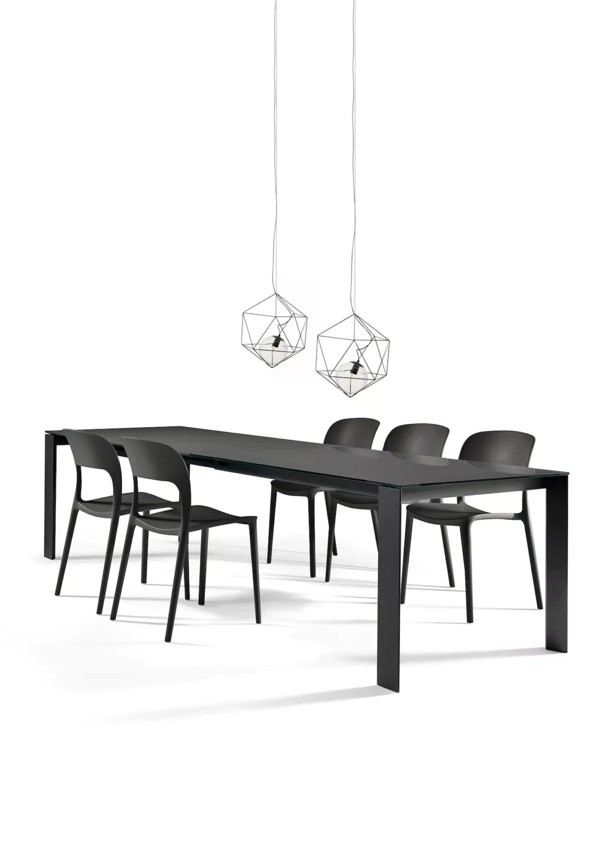 Side view of the Pascal table showcasing its minimalist design with a white lacquered metal base and SuperCeramic top.