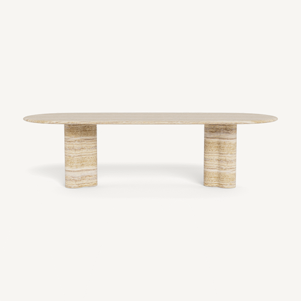 “Porto Travertine Pill Dining Table 108" by Harbour – luxurious stone table with pill-shaped travertine top and sculptural base”