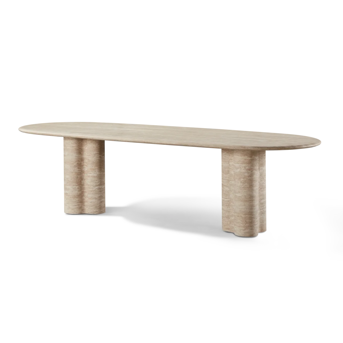 “Elegant outdoor dining table by Harbour – Porto 108” travertine pill table with sculpted silhouette”