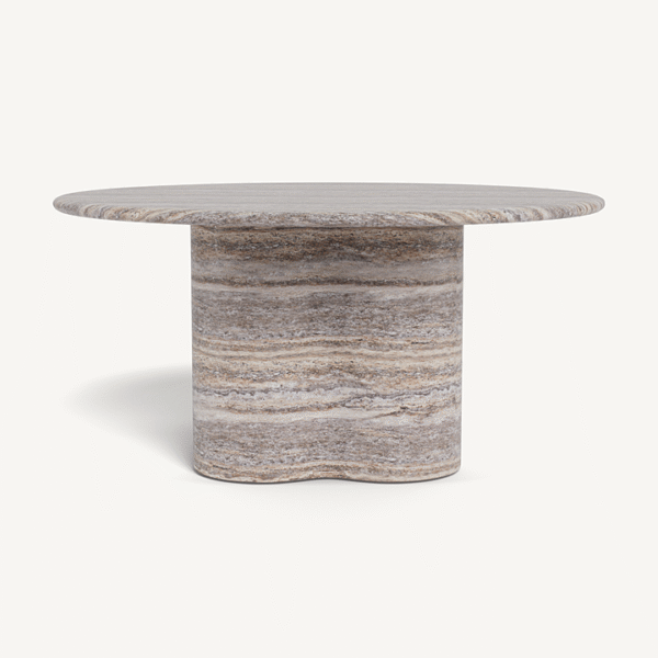“Porto Travertine Round Dining Table 60" by Harbour – sculptural stone centerpiece with natural travertine finish”