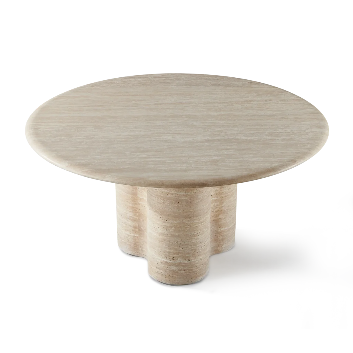 “Contemporary dining setup with Porto travertine round table – timeless material and form”