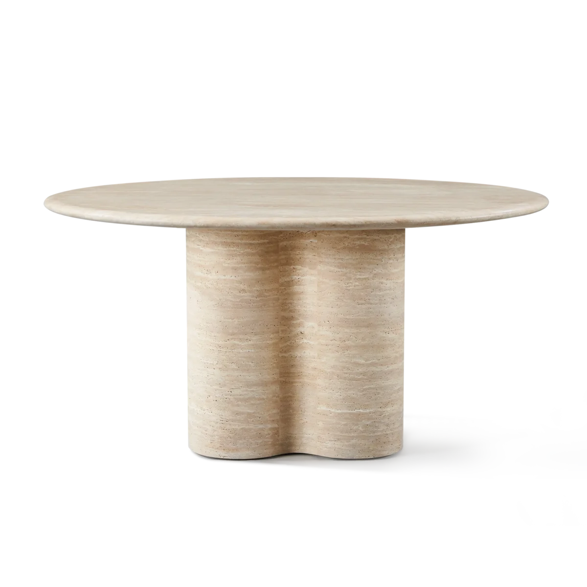 “Side profile of 60-inch Porto round table – minimalist form with natural veining in travertine”