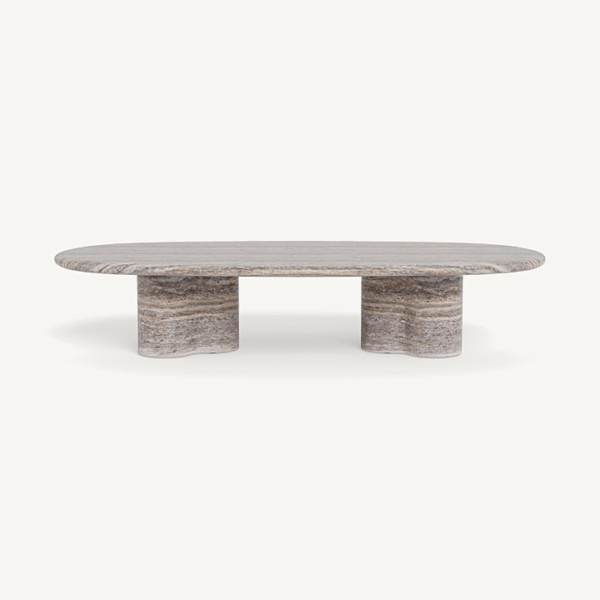 “Porto Travertine Pill Coffee Table by Harbour – modern pill-shaped coffee table with natural travertine stone top”