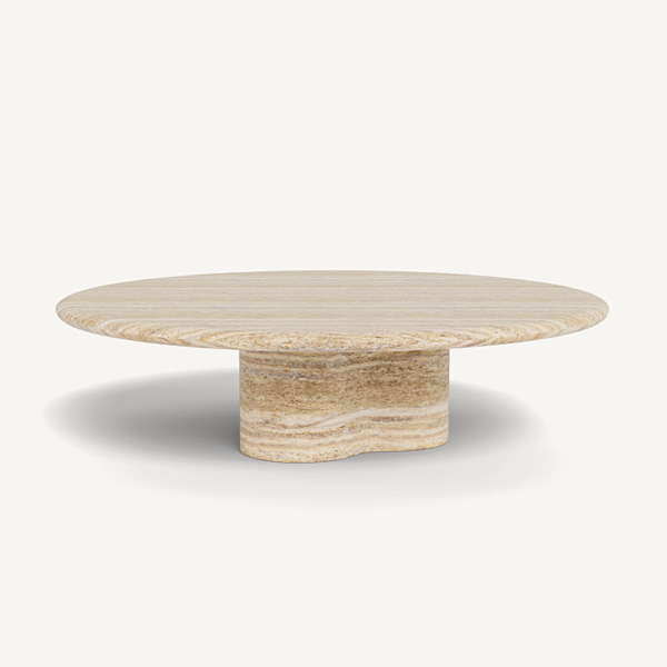 “Harbour Porto round coffee table – minimalist design featuring smooth travertine surface and sculptural form”
