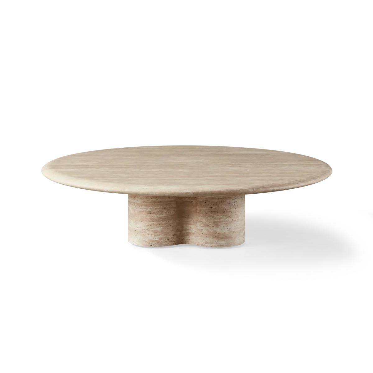 “Side profile of Porto Round Coffee Table by Harbour – low-profile design with artisan-crafted travertine top”