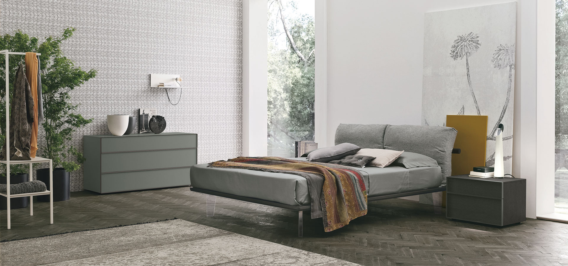 “Piuma bed by Tomasella – modern Italian bed with soft upholstered headboard and minimalist frame design”