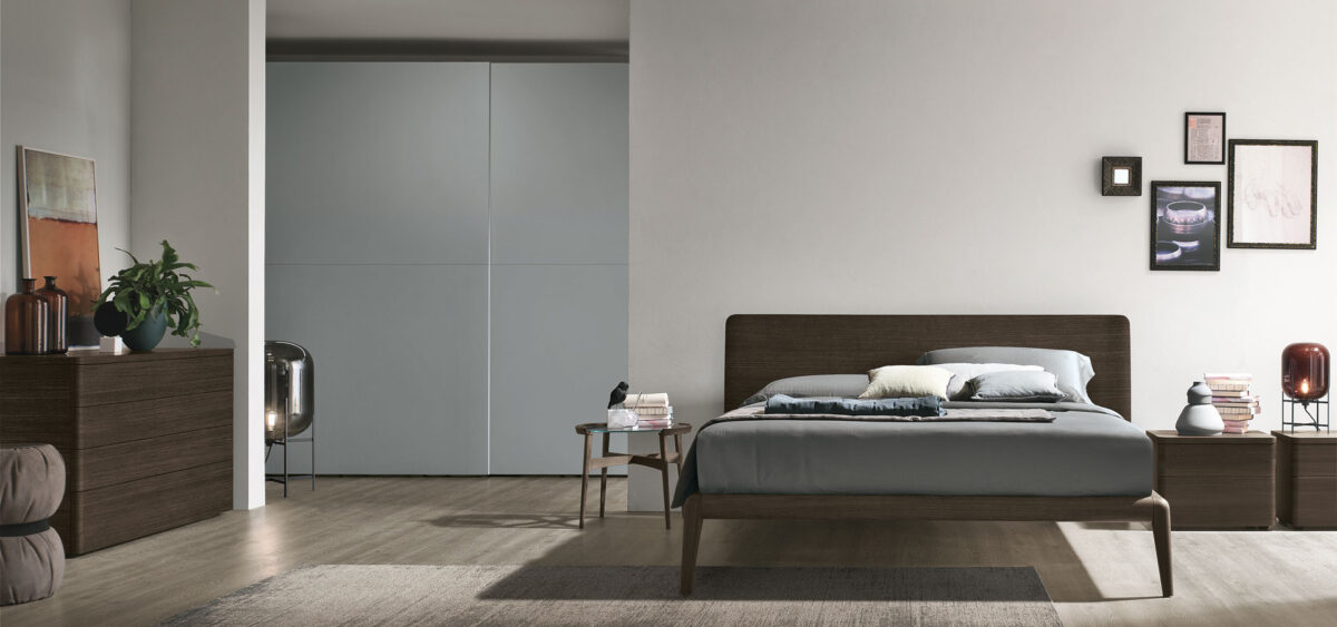 “Prado bed by Tomasella – modern Italian bed with tall cushioned headboard and clean-lined minimalist frame”