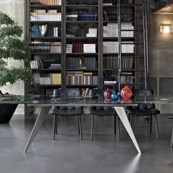 Ramos extendable by Bontempi featuring black velvet-matt glass top and glossy black tapered legs for a sleek architectural look.