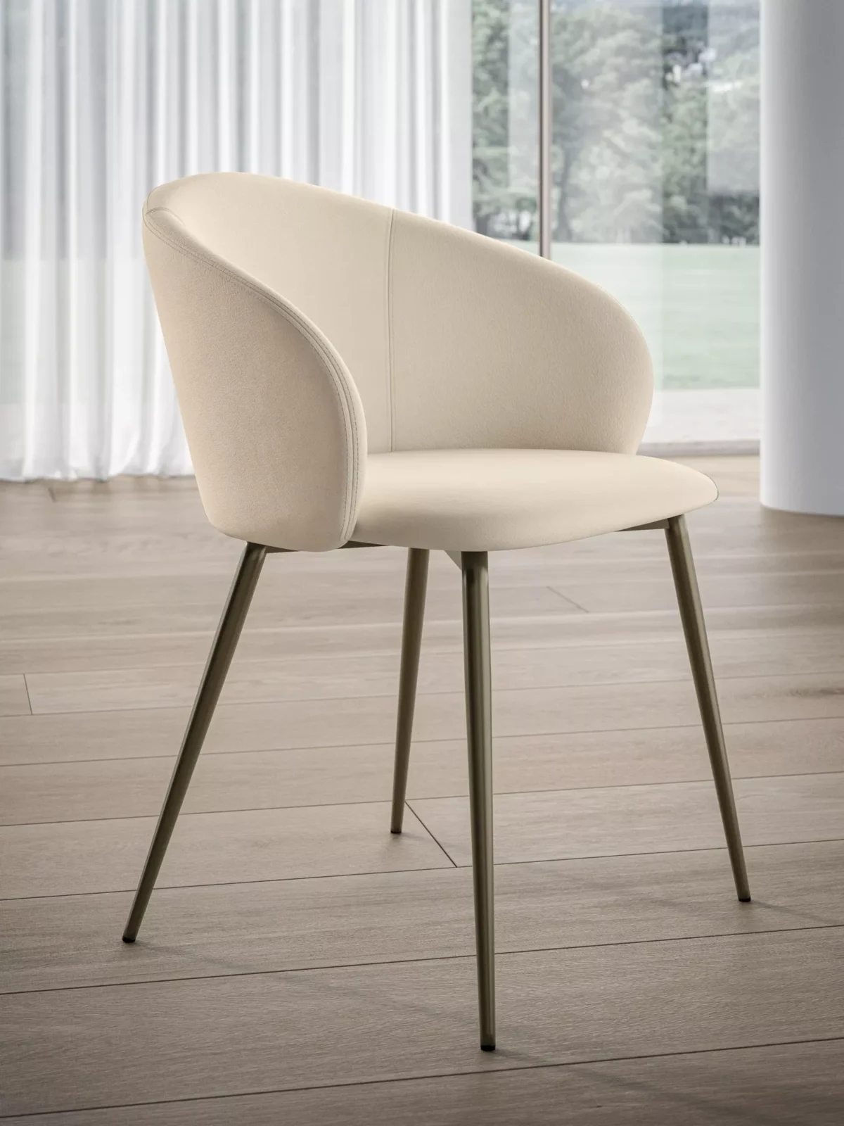 "Modern Rebecca chair with metal legs and cozy padded seat wrapped in premium ecological leather."