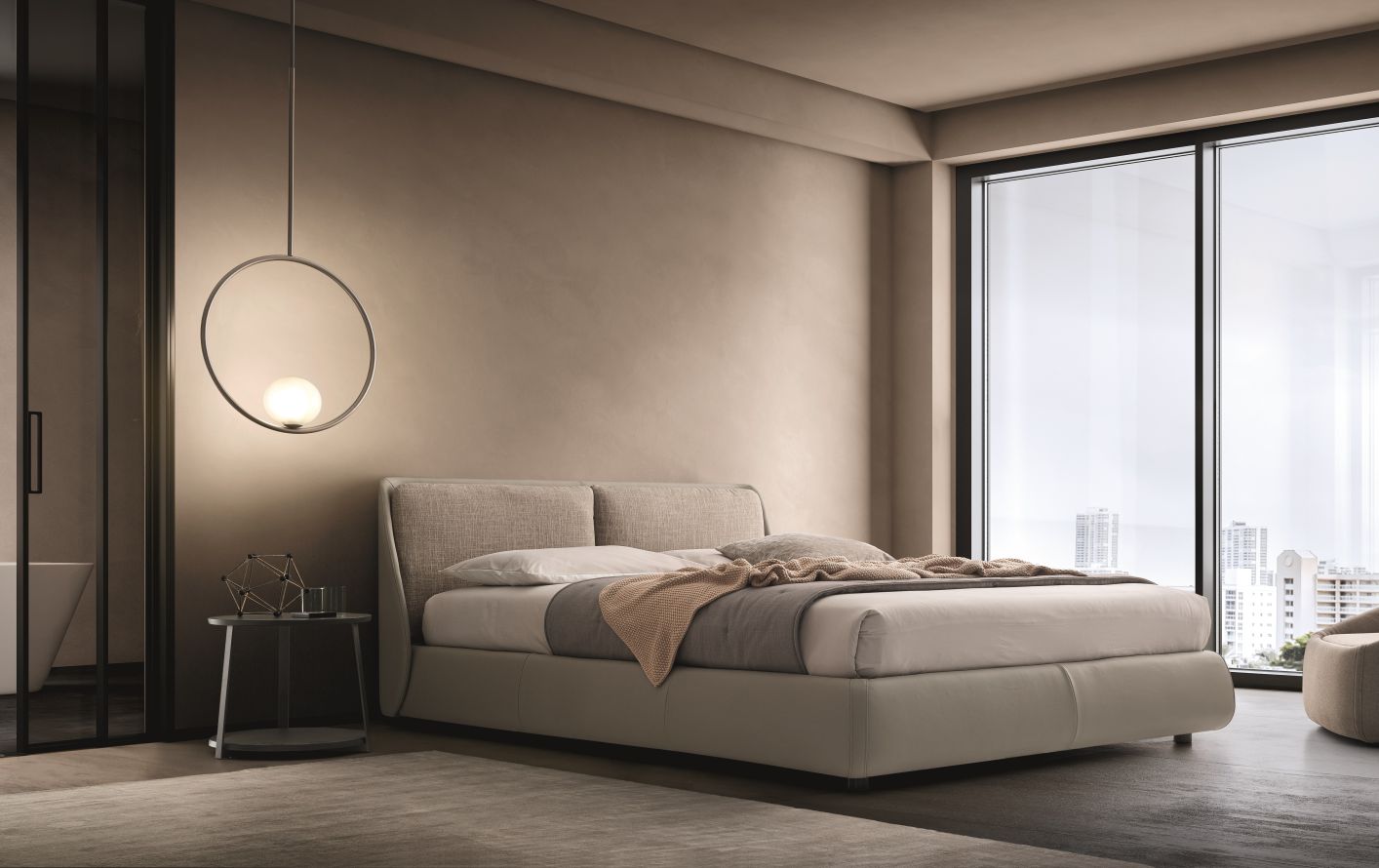 “BEND bed by Ditre Italia – modern Italian bed with curved upholstered headboard and minimalist frame”