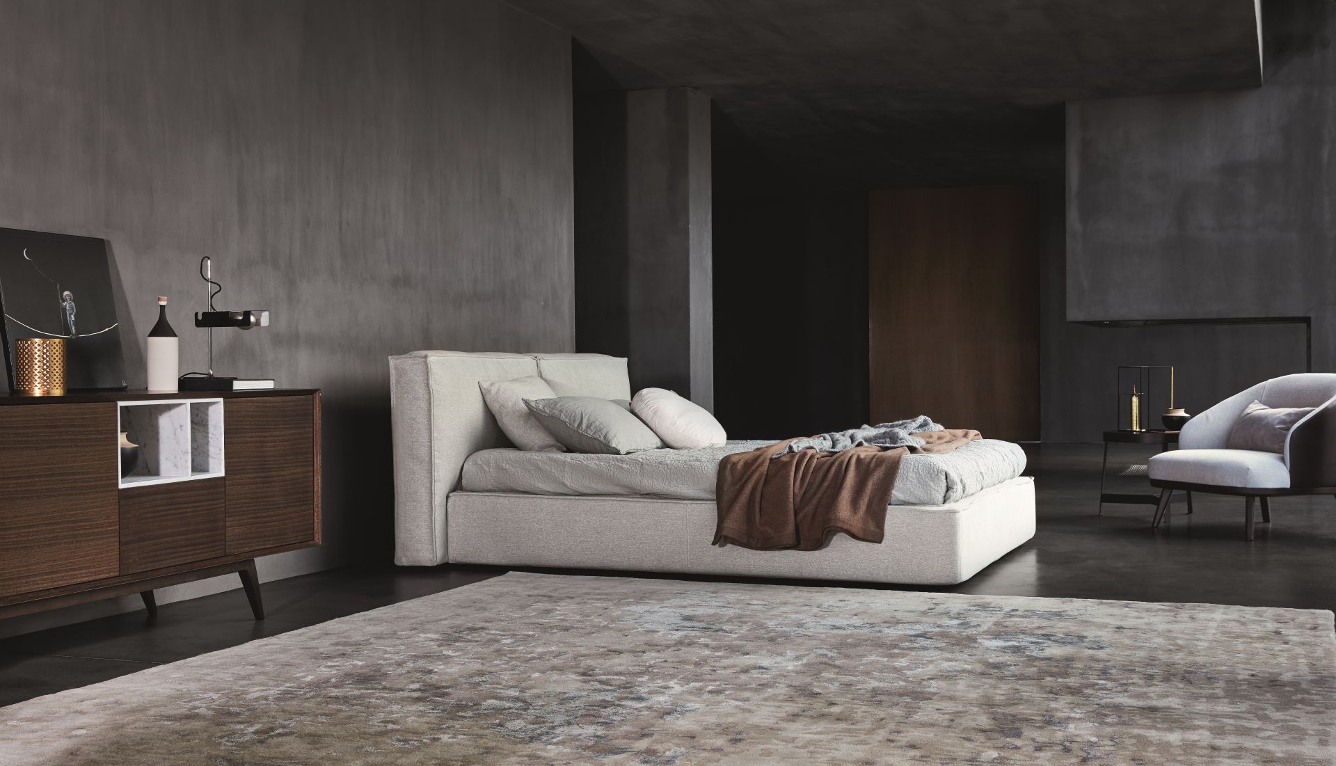 “Flann 2.0 bed by Ditre Italia – modern Italian upholstered bed with oversized headboard and refined lines”