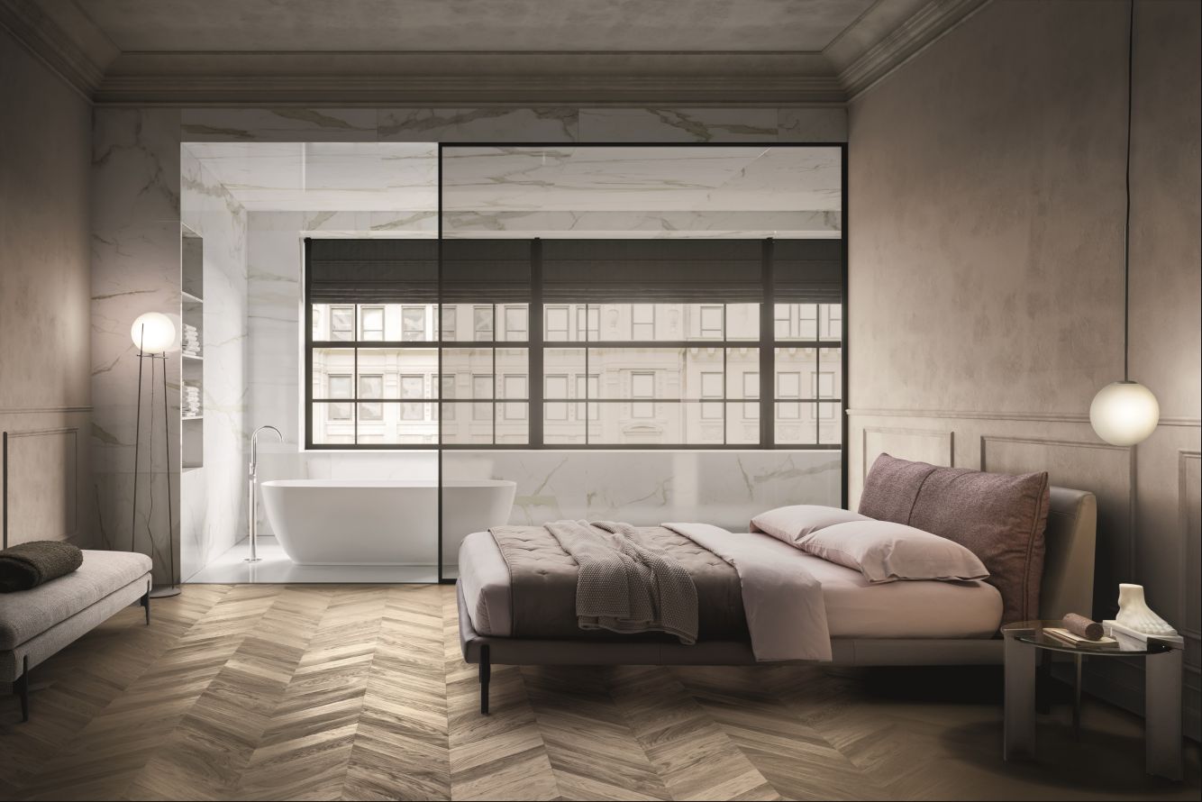 “KIM bed by Ditre Italia – modern Italian upholstered bed with slim profile and elegant headboard”