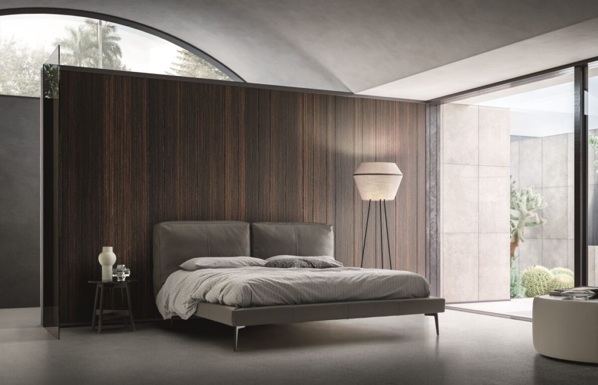 “Sound bed by Ditre Italia – modern Italian bed with wide upholstered headboard and minimalist frame”