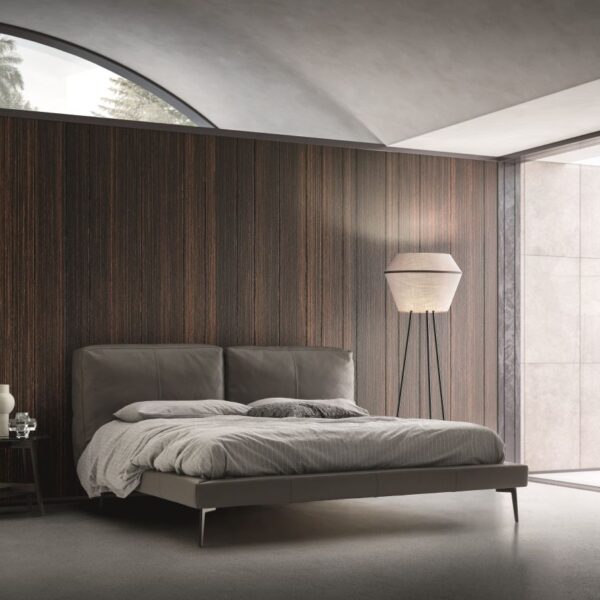 “Sound bed by Ditre Italia – modern Italian bed with wide upholstered headboard and minimalist frame”
