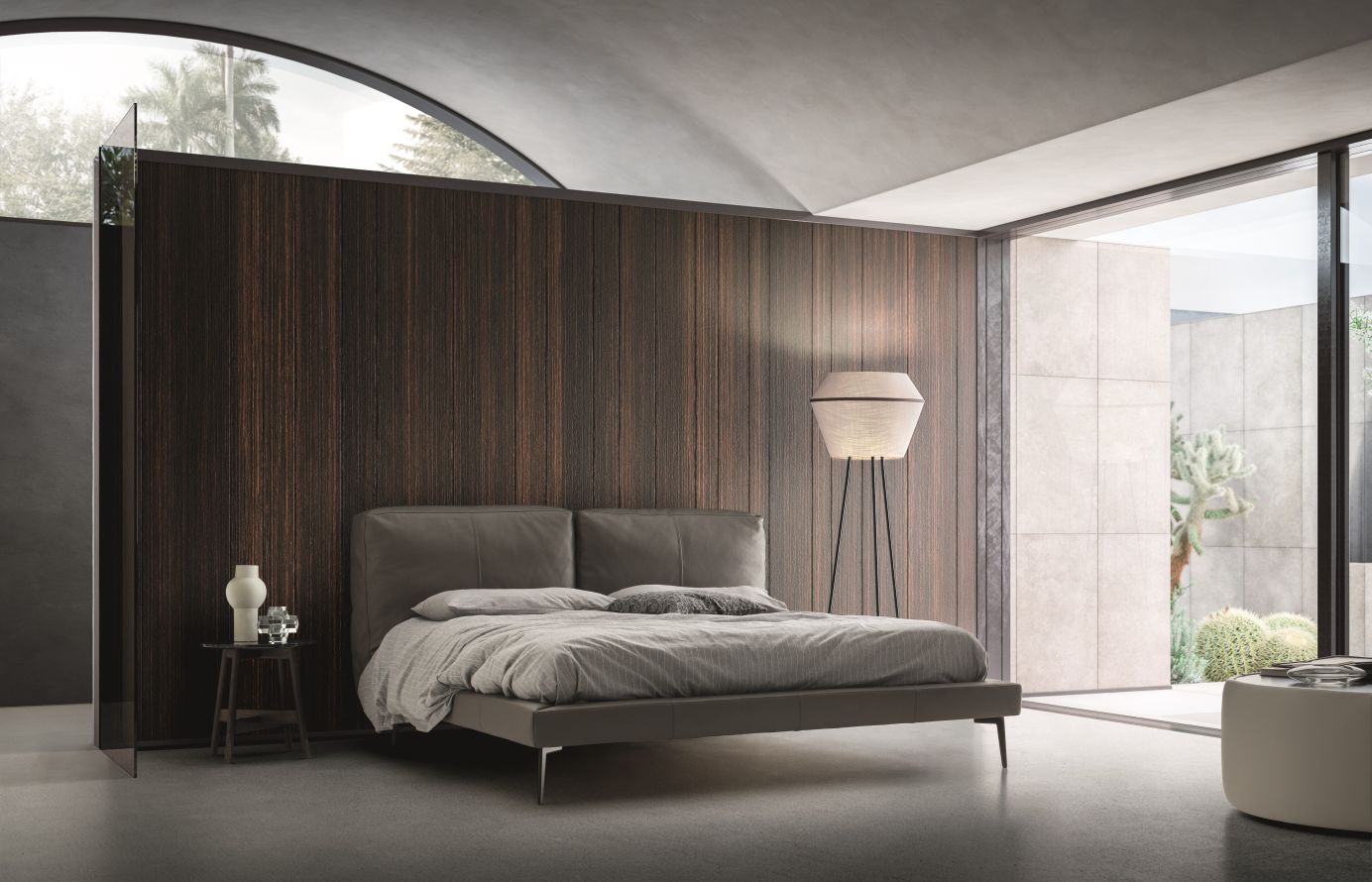 “Sound bed by Ditre Italia – modern Italian bed with wide upholstered headboard and minimalist frame”