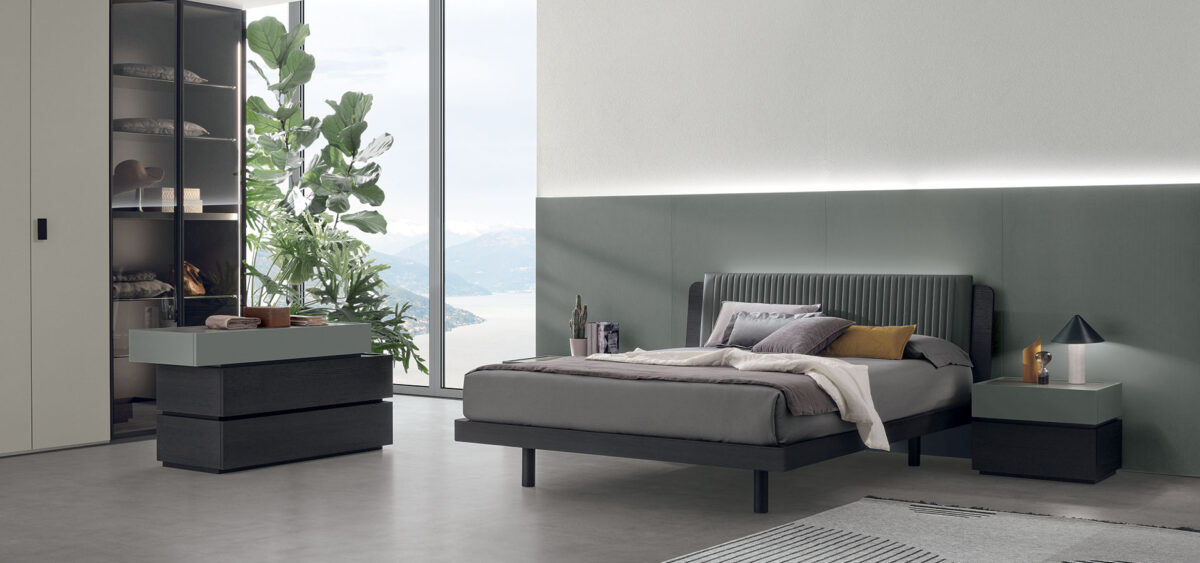“Roxy bed by Tomasella – modern Italian bed with soft upholstered headboard and sleek minimalist frame”