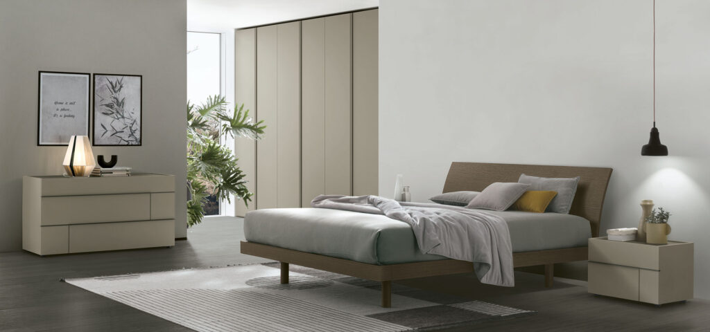 “Narciso bed by Tomasella – modern Italian bed with geometric upholstered headboard and minimalist low-profile frame”