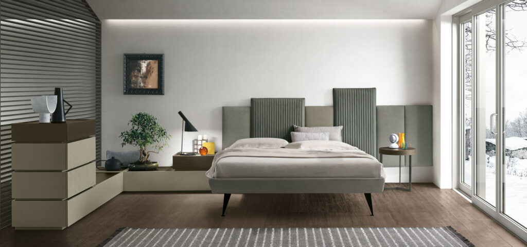 “Skyline bed by Tomasella – modern Italian designer bed with tall upholstered headboard and sleek minimalist frame”