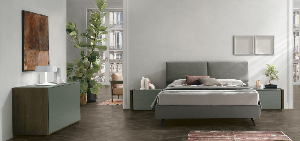 “Set bed by Tomasella – modern Italian bed with customizable headboard panels and minimalist frame”