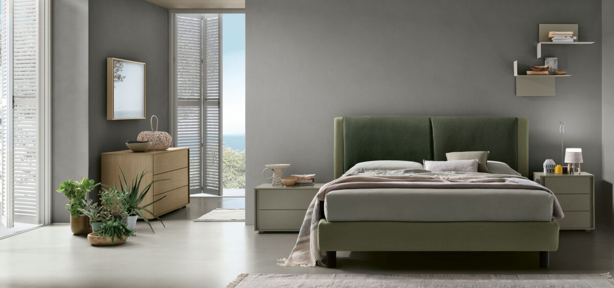 “Gemini bed by Tomasella – modern Italian upholstered bed with split cushioned headboard and minimalist design”