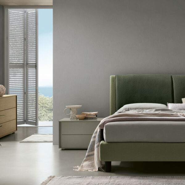 “Gemini bed by Tomasella – modern Italian upholstered bed with split cushioned headboard and minimalist design”