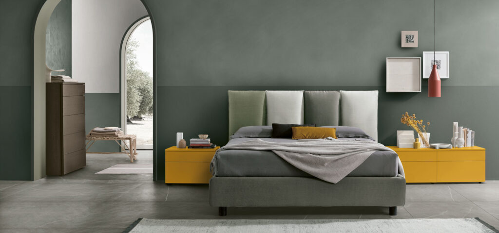 “Poker bed by Tomasella – modern Italian bed with minimalist frame and customizable upholstered headboard panels”