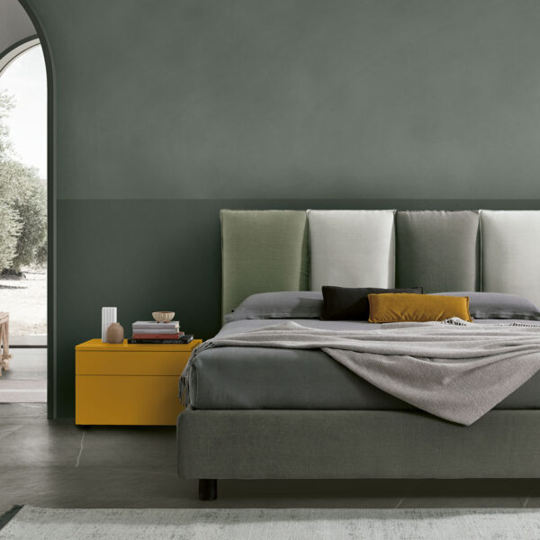 “Poker bed by Tomasella – modern Italian bed with minimalist frame and customizable upholstered headboard panels”