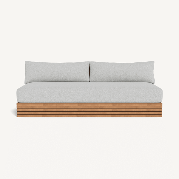 “Tahiti 2 Seat Armless Sofa by Harbour – modern teak outdoor sofa with plush cushions”