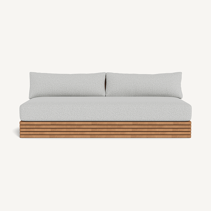 “Tahiti 2 Seat Armless Sofa by Harbour – modern teak outdoor sofa with plush cushions”