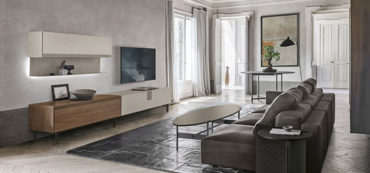 “TIME UNIT_TI 105 by Tomasella – modern Italian wall unit featuring horizontal storage, vertical shelving, and sleek minimalist design”