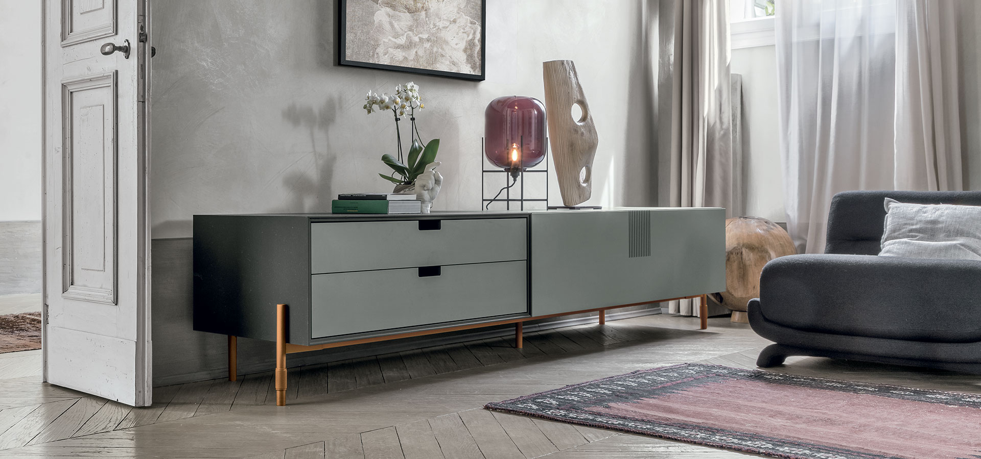 “TIME UNIT_TI 107 by Tomasella – modern Italian wall unit with minimalist open shelving and sleek integrated cabinetry for stylish living spaces”