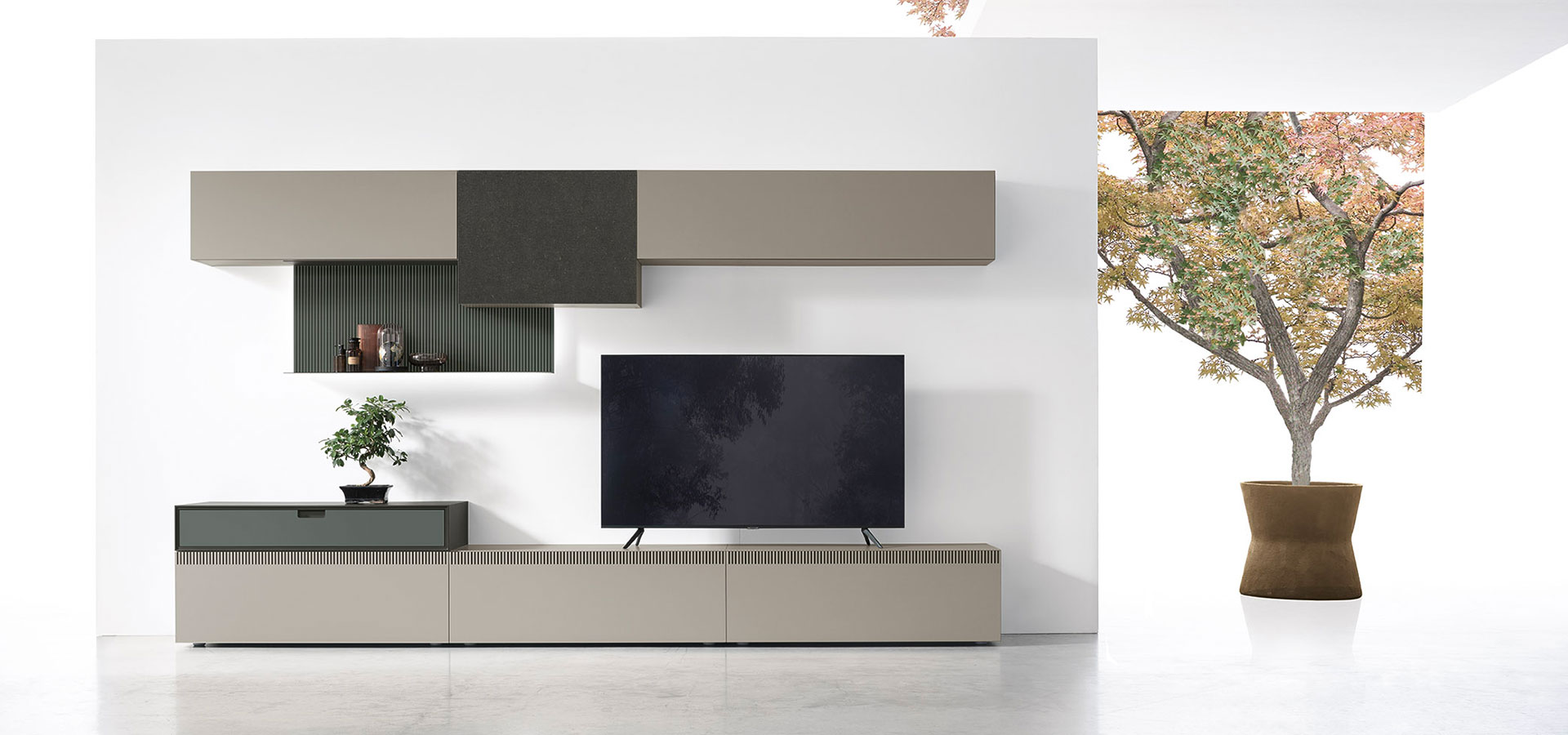 “TIME UNIT_TI 109 by Tomasella – modern Italian modular wall unit with clean horizontal lines, open shelving, and elegant storage cabinets”