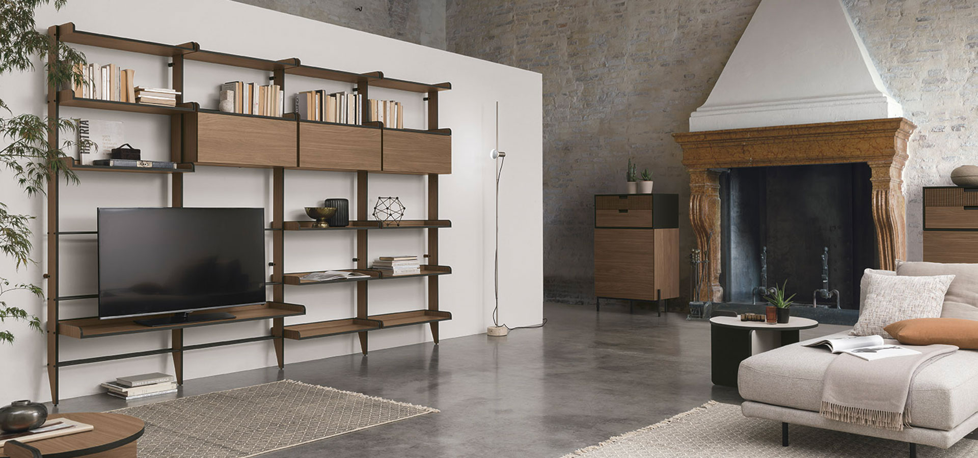“TIME UNIT_TI 119 by Tomasella – modern Italian modular wall unit with open shelving and closed storage compartments”