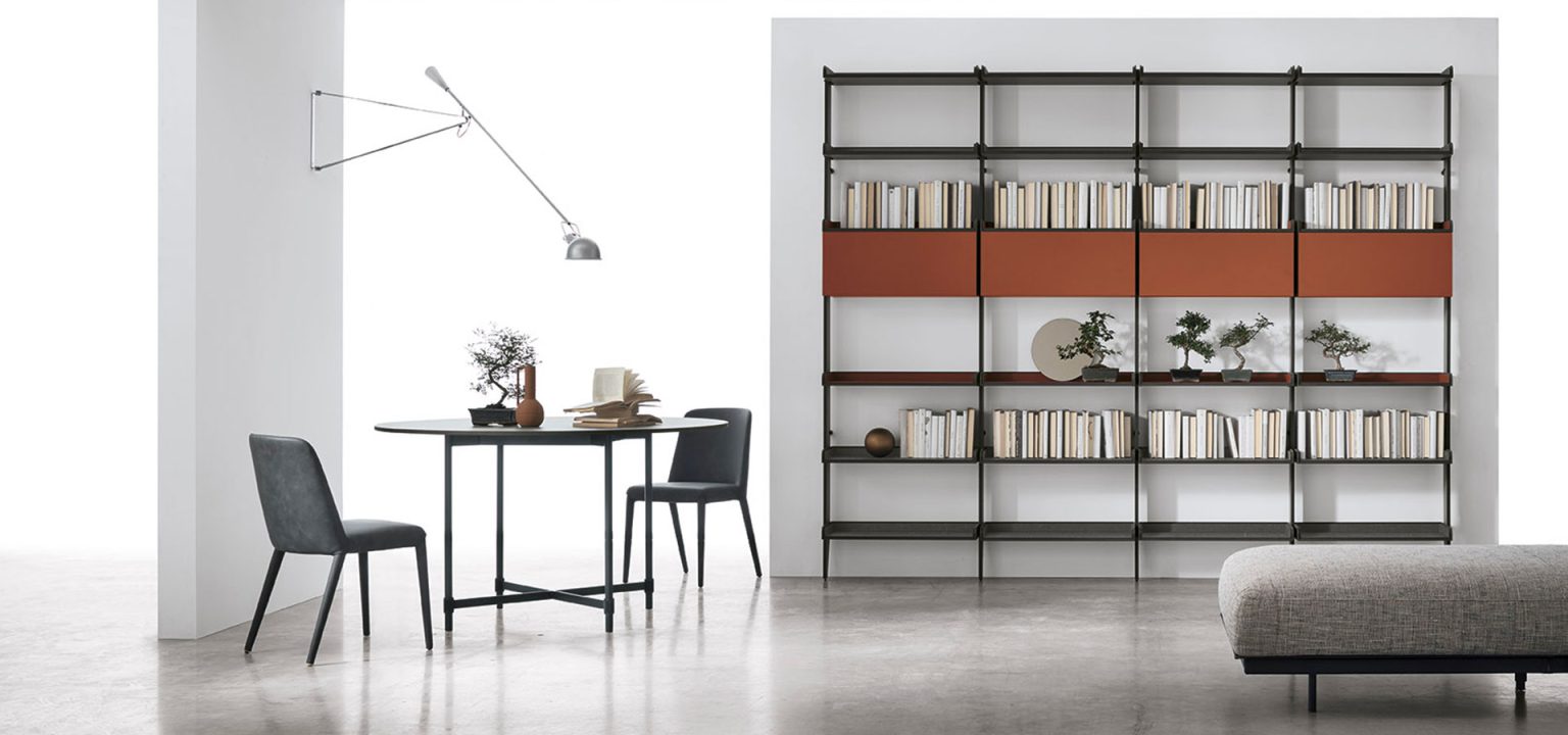 “TIME UNIT_TI 121 by Tomasella – modern Italian wall unit with asymmetrical shelving and elegant closed storage”